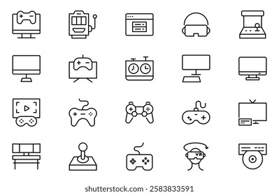 Games vector outline icon set. Gaming icon elements containing points and life bars, console, player, chess, multiplayer, casino and mobile game icons.video games, gaming, technology, gadget