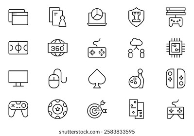 Games vector outline icon set. Gaming icon elements containing points and life bars, console, player, chess, multiplayer, casino and mobile game icons.video games, gaming, technology, gadget