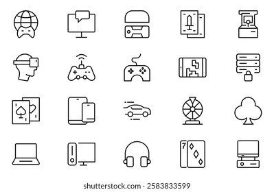 Games vector outline icon set. Gaming icon elements containing points and life bars, console, player, chess, multiplayer, casino and mobile game icons.video games, gaming, technology, gadget