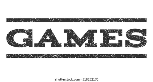 Games watermark stamp. Text caption between horizontal parallel lines with grunge design style. Rubber seal stamp with dust texture. Vector gray color ink imprint on a white background.