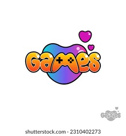 GAMES Wordmark Logo - Letter "M" become the game controller, with hearts in the background of the word.	