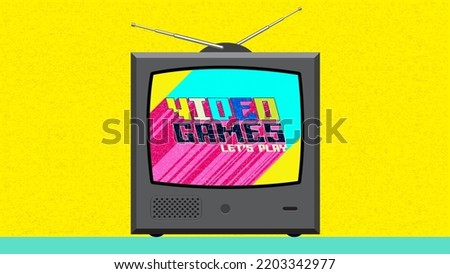 Games.90s and 80s poster. Nineties forever. Retro style textures and alphabet mix. Aesthetic tv background and eighties graphic. Pop and rock music party event template. Vintage vector poster, banner.