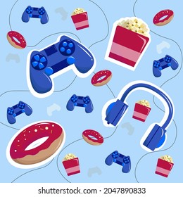 patrón de estilo de juego con joystick, donut, palomitas de maíz	