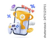 Gamification 3D illustration. Phygital concep. Interactive smartphone integrating rewards, targets, and pixels representing gamified experiences. Online and offline engagement blend. Mobile gaming