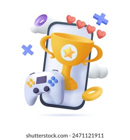 Gamification 3D illustration. Phygital concep. Interactive smartphone integrating rewards, targets, and pixels representing gamified experiences. Online and offline engagement blend. Mobile gaming