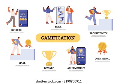 Gamification of achievements and users engagement concept of banner or poster, flat vector illustration isolated on white background. Mobile app or site gamification