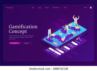 Gamification banner. Concept of game strategy in business and education process, fun online challenge for achievement success. Vector landing page of mobile app for contest or competition