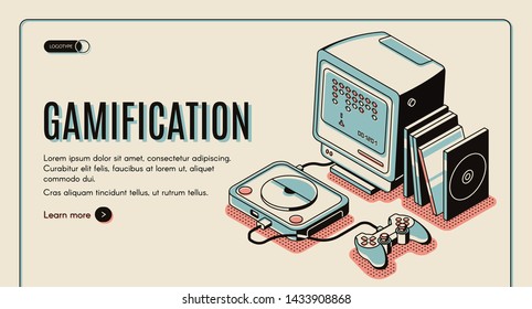 Gamification banner, gamer console for playing, retro video playing station with joystick and disks, interactive technology innovation. 3d Isometric vector illustration, line art landing page template