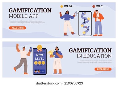 Gamification of business and educational apps concept with cartoon characters, flat vector illustration. Gamification of software and interactive content development.