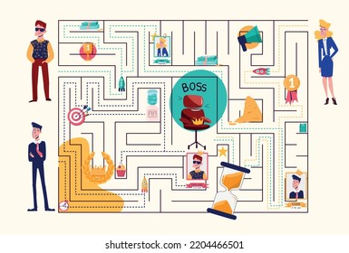 Gamification business flat composition with flat view of labyrinth with doodle characters of coworkers and awards vector illustration
