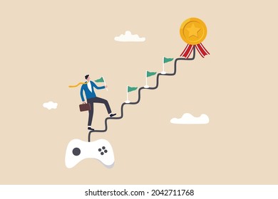 Gamification, business or marketing strategy using game challenge, achievement to engage with customer, winning motivation, joyful businessman walk up stair from gaming joystick to achieve target.