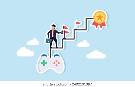 Gamification a business strategy challenges and achievements to engage customers and motivate winning, concept of A joyful businessman climbs stairs from a gaming joystick to achieve his target