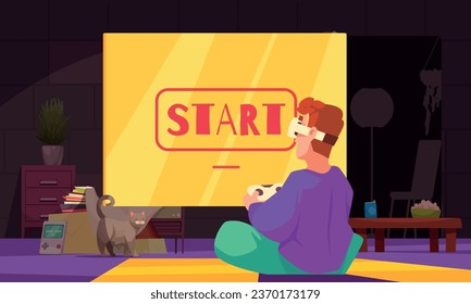 Gamification cartoon composition with man in front of game console vector illustration