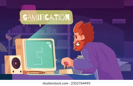 Concepto de caricatura de gamificación con el hombre jugando en ilustración vectorial de computadoras de escritorio