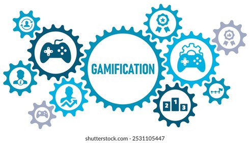 Gamification concept banner web website icons vector illustration concept with icons of user engagement, reward, achievement, motivation, learning, learning, challenge, white background, solid icons,
