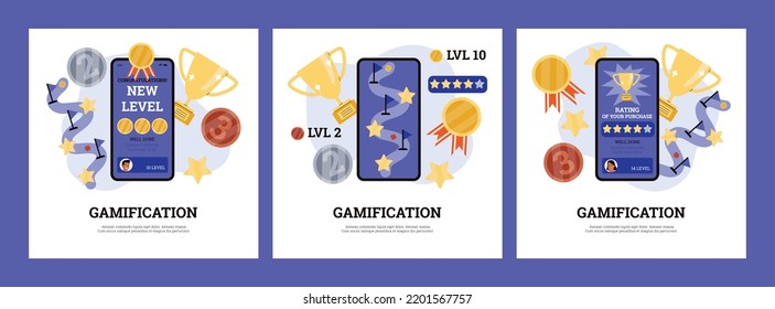 Gamification concept of banners or social media posters, flat vector illustration. Gamification marketing tool to encourage engagement with digital product..