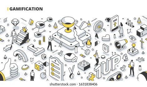 Gamification concept. Game-like elements in business, education & marketing. Create interactive content to engage customers. Social media marketing technology. Isometric outline illustration svg