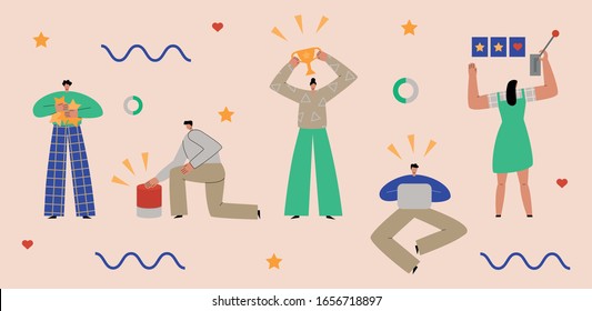 Gamification concept. Group of users interacts with game elements of application interface, achieves bonuses and rewards. Customer engagement strategy. Abstract flat vector illustration