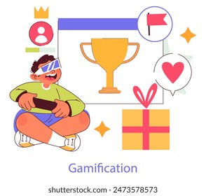 Concepto de gamificación. Ilustración de una persona que experimenta Elementos de juego en contextos no relacionados con el juego, rodeada de íconos de recompensas y logros. Ilustración vectorial.
