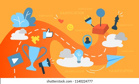 Gamification concept. Integrating game mechanics into website or app design. Customer engagement. Idea of competition. Set of colourful icons. Flat vector illustration