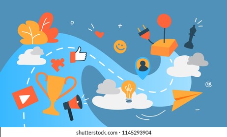 Gamification concept. Integrating game mechanics into website or app design. Customer engagement. Idea of competition. Set of colourful icons. Flat vector illustration