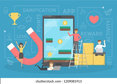 Gamification concept. Integrating game mechanics into website or app design. Customer engagement. Idea of competition. Set of colourful icons. Flat vector illustration