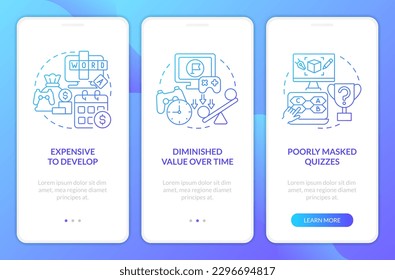 Gamification cons in e learning blue gradient onboarding mobile app screen. Walkthrough 3 steps graphic instructions with linear concepts. UI, UX, GUI template. Myriad Pro-Bold, Regular fonts used