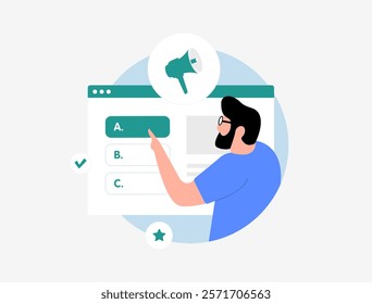 Gamification in Digital Marketing. Boost engagement with gamified marketing strategies such as quizzes, challenges, and rewards. Illustration of user interacting with game-like elements on website