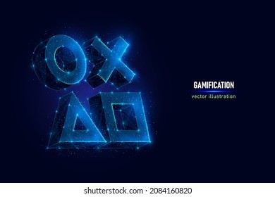 Gamification digital wireframe made of connected dots. Game mechanics in business low poly vector illustration on blue background.