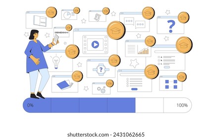 Gamification in education. Collect coins to achieve the learning outcomes Vector illustration.