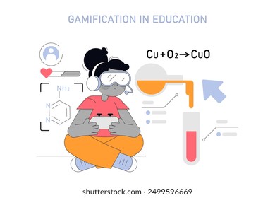 Gamification in education concept. A student immersed in virtual reality learning chemistry, symbolizing interactive and engaging study methods. Vector illustration.