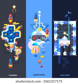 Gamification elements improving team spirit and user engagement in planning 3 flat vertical banners set isolated vector illustration 