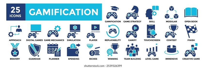 Gamification icon collection set. Containing design technology, gamification, education, strategy	