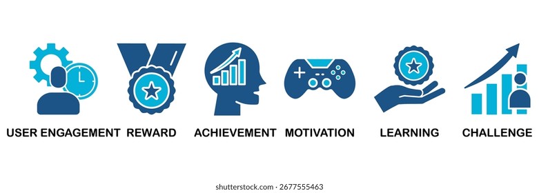 Conjunto de ícones de gamificação Em Blue Monochrome Flat Design, conceito de Ilustração de vetor relacionam-se ao ícone do envolvimento do usuário, recompensa, realização, motivação, aprendizagem e desafio