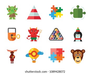 Gamification Icon Set. Circle Puzzle Moose Monkey Face Penguin Padlock And Key Puzzle Element Stacked Pyramid Air Balloon Billiard Balls In Triangle Jigsaw Puzzle Cartoon Devil Green Troll