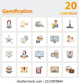 Gamification Icon Set. Collection Of Simple Elements Such As The User Engagement, Challenge, Learning, Game Thinking, Avatar, Strategy, Reward.