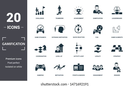 Gamification Icon Set. Contain Filled Flat Game Dynamics, Achievement, Game Elements, Points And Badges, Leaderboards, Activity Loop, Level Up Icons. Editable Format.