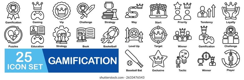 Gamification Icon Set With Vip, Challenge, Strategy, Way, Start, Priority, Tendency, Loyalty, Puzzles, Education, Game