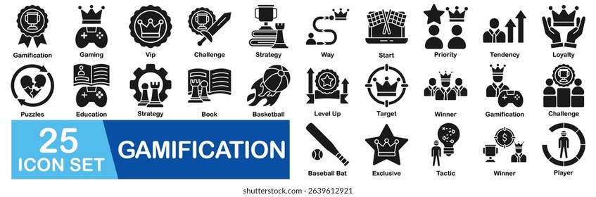 Gamification Icon Set With Vip, Challenge, Strategy, Way, Start, Priority, Tendency, Loyalty, Puzzles, Education, Game