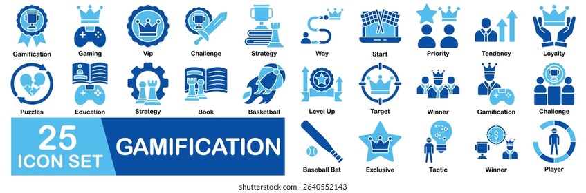 Gamification Icon Set With Vip, Challenge, Strategy, Way, Start, Priority, Tendency, Loyalty, Puzzles, Education, Game