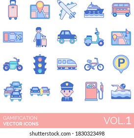 Gamification icons including luggage, map, airplane, ship, double decker, ticket, passenger, car, scooter, destination, motorcycle, traffic light, train, bicycle, parking, accident, police, swimming.