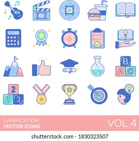 Gamification Icons Including Music, Clapperboard, Global Movie, Food And Drink, Book, Calculator, Badge, On Time, Task, Knowledge, Top, Thumb Up, Graduation, Chemistry, Alphabet, Number, Medal, Trophy