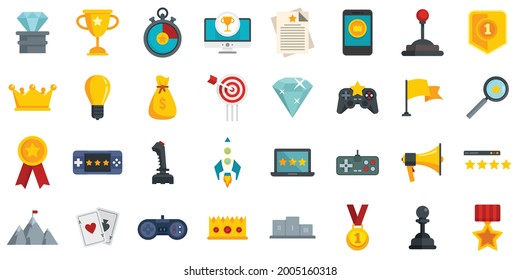 Gamification icons set. Flat set of gamification vector icons isolated on white background