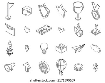Gamification icons set. Isometric set of gamification vector icons outline isolated on white background