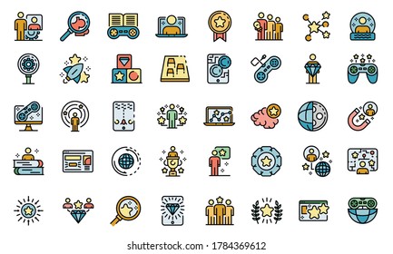 Gamification icons set. Outline set of gamification vector icons thin line color flat on white