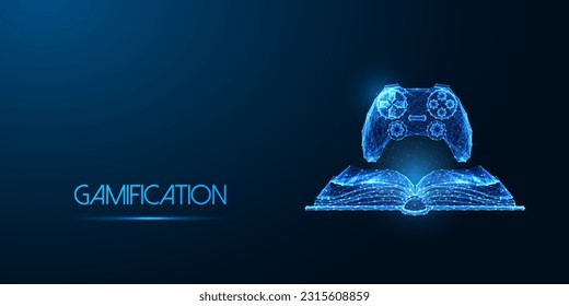 Gamification, immersive learning, future education futuristic concept with open book and game controller in glowing low polygonal style on blue background. Modern abstract design vector illustration