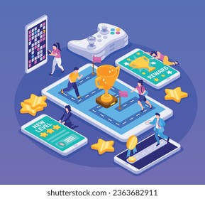 Gamification isometric composition with tiny people reaching goals playing games on gadgets vector illustration