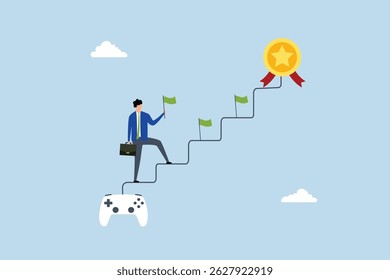 Gamification, joyful businessman walk up stair from gaming joystick to achieve target.
