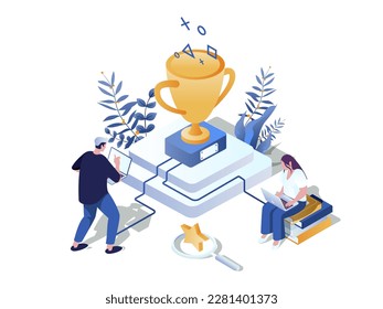 Gamification in learning concept 3d isometric web scene. People studying, achieved new level and completing challenges for winning awards and trophy cup. Vector illustration in isometry graphic design