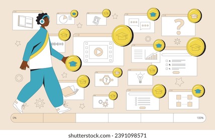 Gamification in learning progress. Engagment and motivation in education. Learning management system. Vector illustration.